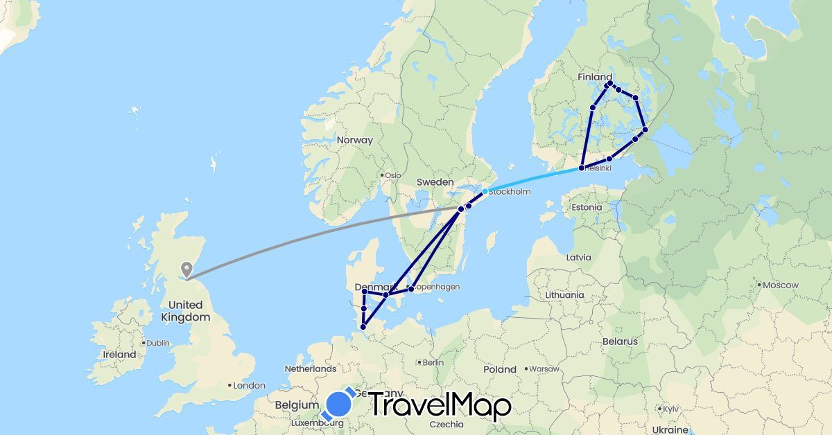 TravelMap itinerary: driving, plane, boat in Germany, Denmark, Finland, United Kingdom, Sweden (Europe)
